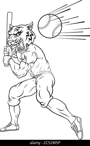Joueur de baseball Tiger Mascot Swinging bat à Ball Illustration de Vecteur