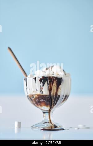 Milk-Shake avec garniture au chocolat dans un bol en verre, décoré de guimauves Banque D'Images