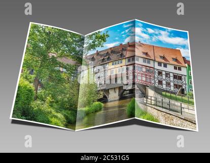 Vue sur la rivière Gera jusqu'aux maisons de Kraemerbruecke. Le pont est situé dans la vieille ville d'Erfurt, capitale de la Thuringe, Allemagne, Europe Banque D'Images