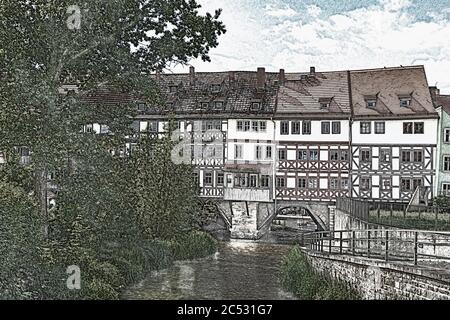 Vue sur la rivière Gera jusqu'aux maisons de Kraemerbruecke. Le pont est situé dans la vieille ville d'Erfurt, capitale de la Thuringe, Allemagne, Europe Banque D'Images