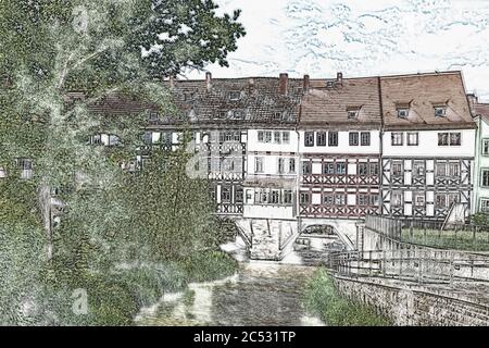 Vue sur la rivière Gera jusqu'aux maisons de Kraemerbruecke. Le pont est situé dans la vieille ville d'Erfurt, capitale de la Thuringe, Allemagne, Europe Banque D'Images