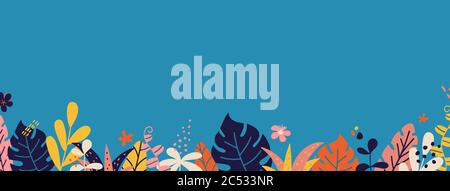 Long bord d'été avec des feuilles et des plantes tropicales. Conception de couvercle. Modèles d'articles sur les médias sociaux. Concept vacances d'été. Décoration de couleur. Vecteur Illustration de Vecteur