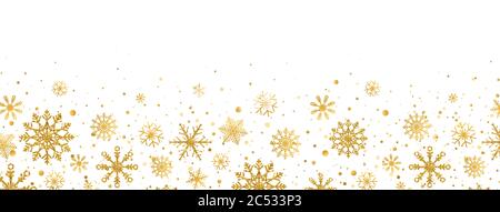 Cadre en flocons de neige dorés sur fond blanc. Flocons de neige dorés avec différents ornements. Guirlande de Noël scintillante de luxe. Illustration vectorielle Illustration de Vecteur