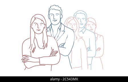 Groupe de gens d'affaires. Illustration vectorielle de dessin à lignes de couleur. Illustration de Vecteur