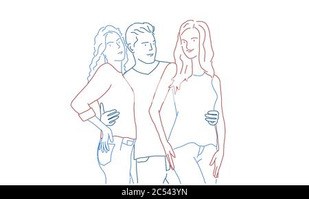 Homme embrassant deux filles. Illustration vectorielle de dessin à lignes de couleur. Illustration de Vecteur