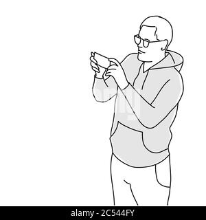 Homme dans des lunettes en utilisant son smartphone. Illustration vectorielle de dessin de ligne. Illustration de Vecteur