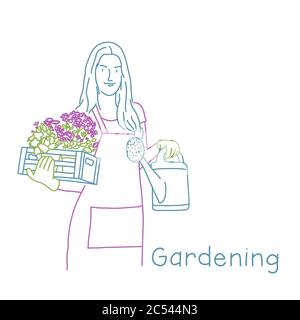 Jardinière femme avec une boîte de fleurs et arrosoir. Concept de jardinage ou de plantation. Illustration vectorielle de dessin à lignes de couleur. Illustration de Vecteur