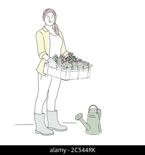 Jardinière femme avec une boîte de fleurs et arrosoir. Illustration vectorielle dessinée à la main. Illustration de Vecteur