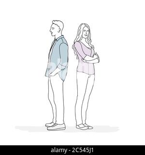 Dessinez un homme et une femme debout avec leur dos les uns aux autres. Illustration vectorielle à la main. Illustration de Vecteur