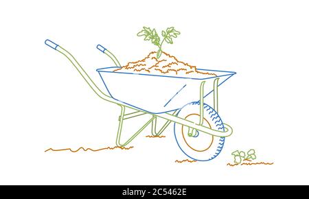 Brouette remplie de terre. Faire pousser le sol. Illustration vectorielle de dessin à lignes de couleur. Illustration de Vecteur
