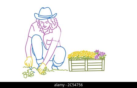 Femme travaille dans le jardin. Concept de jardinage ou de plantation. Illustration vectorielle de dessin à lignes de couleur. Illustration de Vecteur