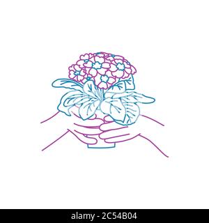 Pot de fleur dans les mains. Concept de jardinage ou de plantation. Illustration vectorielle de dessin à lignes de couleur. Illustration de Vecteur