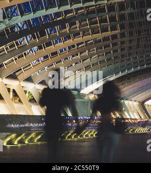 photo verticale d'un couple romantique marchant sous un magnifique pont le soir Banque D'Images