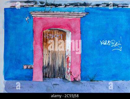 Peinture aquarelle d'une porte mexicaine dans un mur bleu vif et rose. Banque D'Images