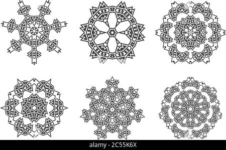 La méditation vectorielle ethnique Fractal Mandala ressemble à un flocon de neige ou à un motif aztèque Maya ou à une fleur trop isolée sur blanc Illustration de Vecteur