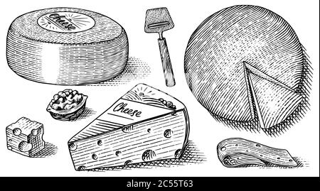 Ensemble de fromages. Tranches de Mascarpone Bleu de Gex Edam Camembert Mozzarella pour le marché ou l'épicerie. Cheesboard et lait frais bio. Vecteur Illustration de Vecteur