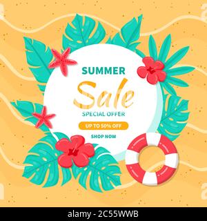 Arrière-plan des ventes Hello Summer. Magnifique fond pour la vente d'été avec des feuilles tropicales et des fleurs dans la plage de sable. Illustration de Vecteur