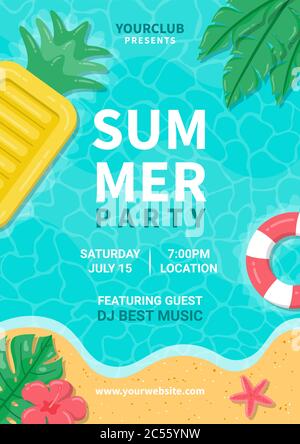 Affiche de fête d'été. Décoration circulaire Summer Beach Party avec éléments typographiques sur fond de paysage océanique. Illustration de Vecteur