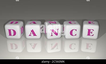 DANSE alphabétique organisée par des lettres cubes sur un fond miroir, signification du concept et présentation en perspective 3D. Illustration et arrière-plan Banque D'Images