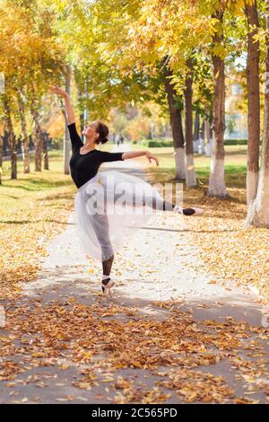 Femme ballerine dans une jupe blanche dansant à pointe chaussures dans un parc d'automne doré sur des feuilles jaunes sèches. Banque D'Images