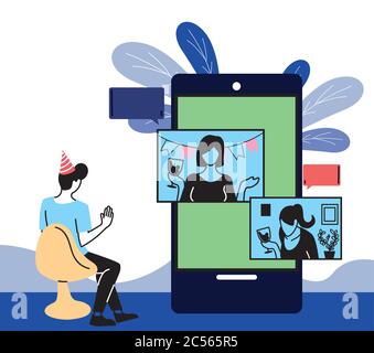 Homme Avec Chapeau De Fete Et Femme Sur Smartphone Dans La Conception De Chat Video Anniversaire Heureux Et Theme De Chat Video Illustration Vectorielle Image Vectorielle Stock Alamy