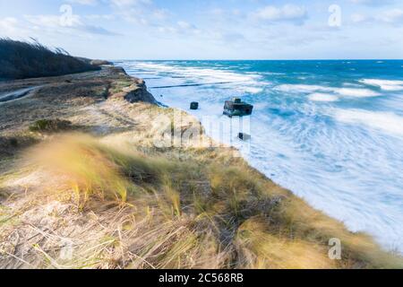 Côte de mer Baltique avec pelouse de plage en hiver Banque D'Images