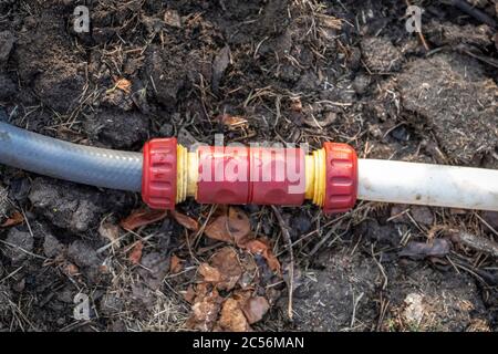 Raccord de tuyau d'arrosage en plastique rouge en gros plan dans le jardin. Banque D'Images