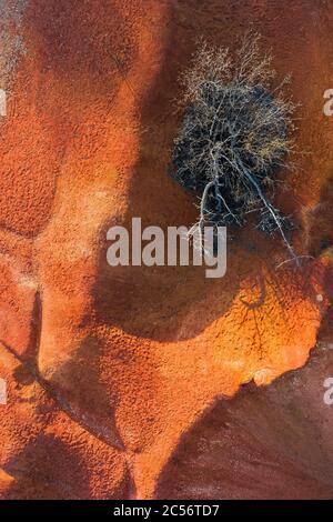 Gant, Hongrie - vue aérienne horizontale de drone de mine de bauxite abandonnée aux couleurs chaudes rouge et orange et arbre au coucher du soleil. Texture bauxite rouge Banque D'Images