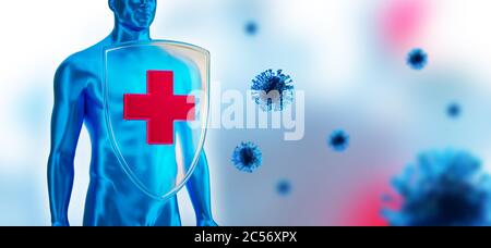 Système immunitaire de l'homme, protection contre les virus et les bactérias. Les humains se protègent contre le coronavirus. La défense immunitaire lutte contre les virus. Rendu 3D Banque D'Images