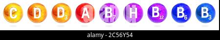 Ensemble de vitamines C, D, E, A, H, B12 molécule de sphère pour la pharmacie médicale de santé. Symbole brillant de la vitamine C, D , E, H, B3, B6, B12. Acide ascorbique, b Banque D'Images