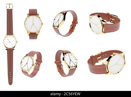 Montre-bracelet. Cadran blanc avec cas d'or et bracelet cuir marron Banque D'Images