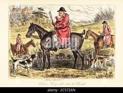 huntsman anglais en pinks de chasse assis sur un cheval avec un paquet de renards, 19e siècle. Simon Heavy-Side et ses huiss. Gravure en acier à la main, d’après une illustration de John Leech de M. Facey Romford’s Hounds, Bradbury, Evans and Co., Londres, 1865. Leech (1817-1864) était un caricaturiste et illustrateur anglais le plus connu pour son travail pour le magazine Punch. Banque D'Images