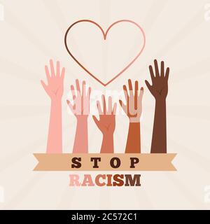 Illustrations vectorielles plates représentant des mains de personnes de différentes couleurs et de personnes de différentes races protestant ensemble contre la violence raciale Illustration de Vecteur