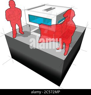 illustration 3d de la maison moderne ou fonctionnaliste villa et architecte avec homme heureux debout en face de lui Illustration de Vecteur