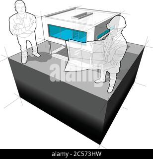 illustration 3d de la maison moderne ou fonctionnaliste villa et architecte avec homme heureux debout en face de lui Illustration de Vecteur