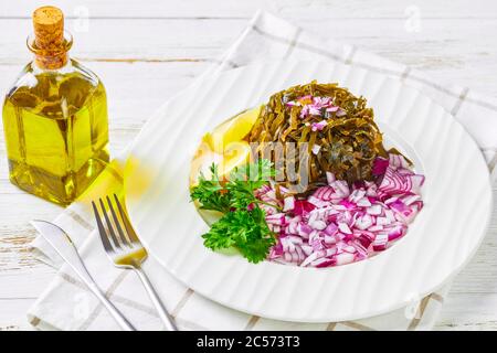 Accompagnement japonais : salade wakame aux algues marinées au citron avec oignons rouges en dés et quartiers de citron, sur une assiette blanche avec persil, arrosée de sésame Banque D'Images