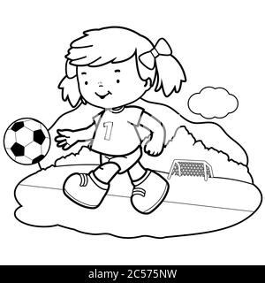 Une petite fille joueur de football frappe une balle sur le terrain de jeu. Page de couleur noir et blanc Banque D'Images