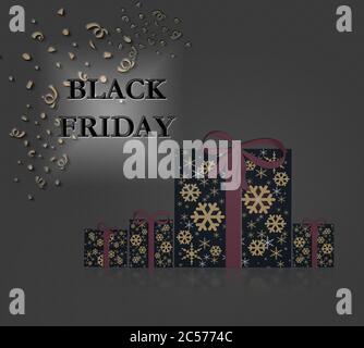Boîte cadeau et texte « Black Friday » stylés avec noeud sur fond sombre. Illustration. Espace de copie, bannière. Banque D'Images