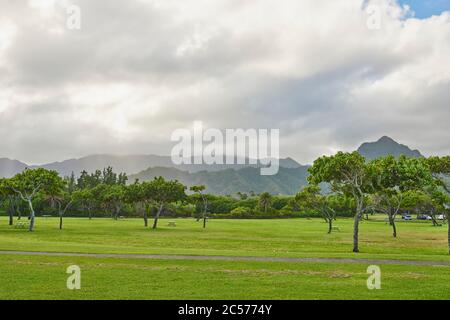 Paysage de Kualoa point, Parc régional de Kualoa, île d'Oahu, Oahu, Hawaii, État d'Aloha, États-Unis Banque D'Images