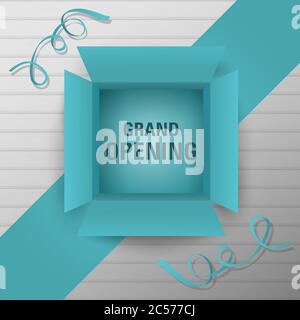 Ouverture officielle avec vue du dessus ouverture Box Banner conception créative vectorielle sur fond en bois Plak texturé couleur grise aspect 3d Illustration de Vecteur