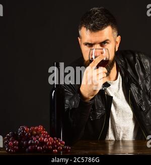 Homme avec barbe tient un verre de vin sur fond marron foncé. Le Degustator au visage strict est placé par une bouteille de vin et des raisins foncés. Le sommelier a le goût de boissons chères. Concept de dégustation de vins et de dégustation Banque D'Images