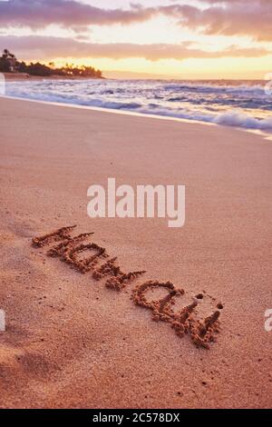 Inscription sur la plage, Sunset Beach sur Oahu, côte nord, île hawaïenne d'Oahu, Oahu, Hawaii, État d'Aloha, États-Unis Banque D'Images