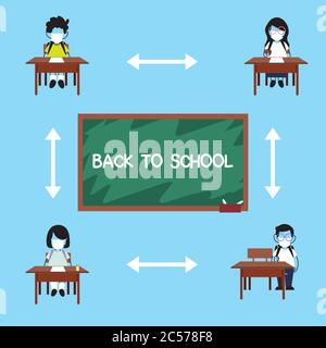 les écoliers garde la distance, les élèves portent un masque facial assis sur une chaise dans la salle de classe, dessin d'illustration de vecteur de distance sociale Illustration de Vecteur