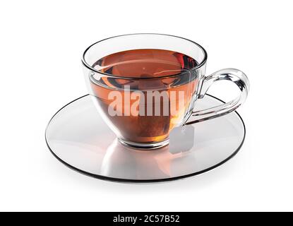Tasse de thé isolée sur fond blanc. Verre avec teabag. Thé chaud noir et brun. rendu 3d. Banque D'Images
