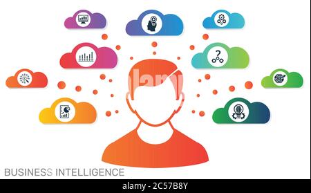 Modèle d'infographie modèle de Business Intelligence. Peut être utilisé pour les diagrammes de processus, les présentations, le workflow, la bannière avec icônes de veille stratégique Illustration de Vecteur