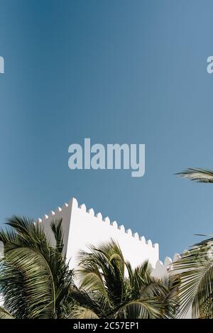 Vue sur les façades de palmiers tropicaux contre la tour blanchie à la chaux avec des castellations par une journée sèche et ensoleillée, Salalah, Oman Banque D'Images