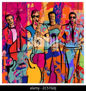 Groupe de jazz sur fond coloré - illustration vectorielle (idéal pour l'impression sur tissu ou papier, affiche ou papier peint, décoration de maison) Illustration de Vecteur