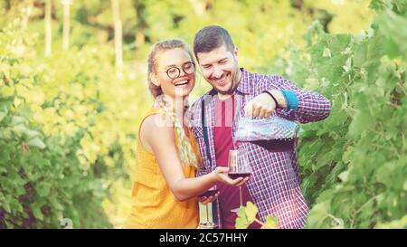 Un couple heureux goûtant un échantillon de vin rouge dans une ferme viticole, en profitant d'une visite d'une journée le week-end de la récolte Banque D'Images