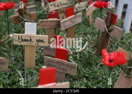 Des croix ont été plantées aux côtés de coquelicots dans le champ du souvenir de l’ANZAC à la cathédrale St Andrew à Sydney en souvenir de ceux qui sont morts-mouettes Banque D'Images