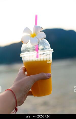 Jus de mangue fraîche en synthétique avec fleur de frangipanier. Tropic des rafraîchissements. Banque D'Images